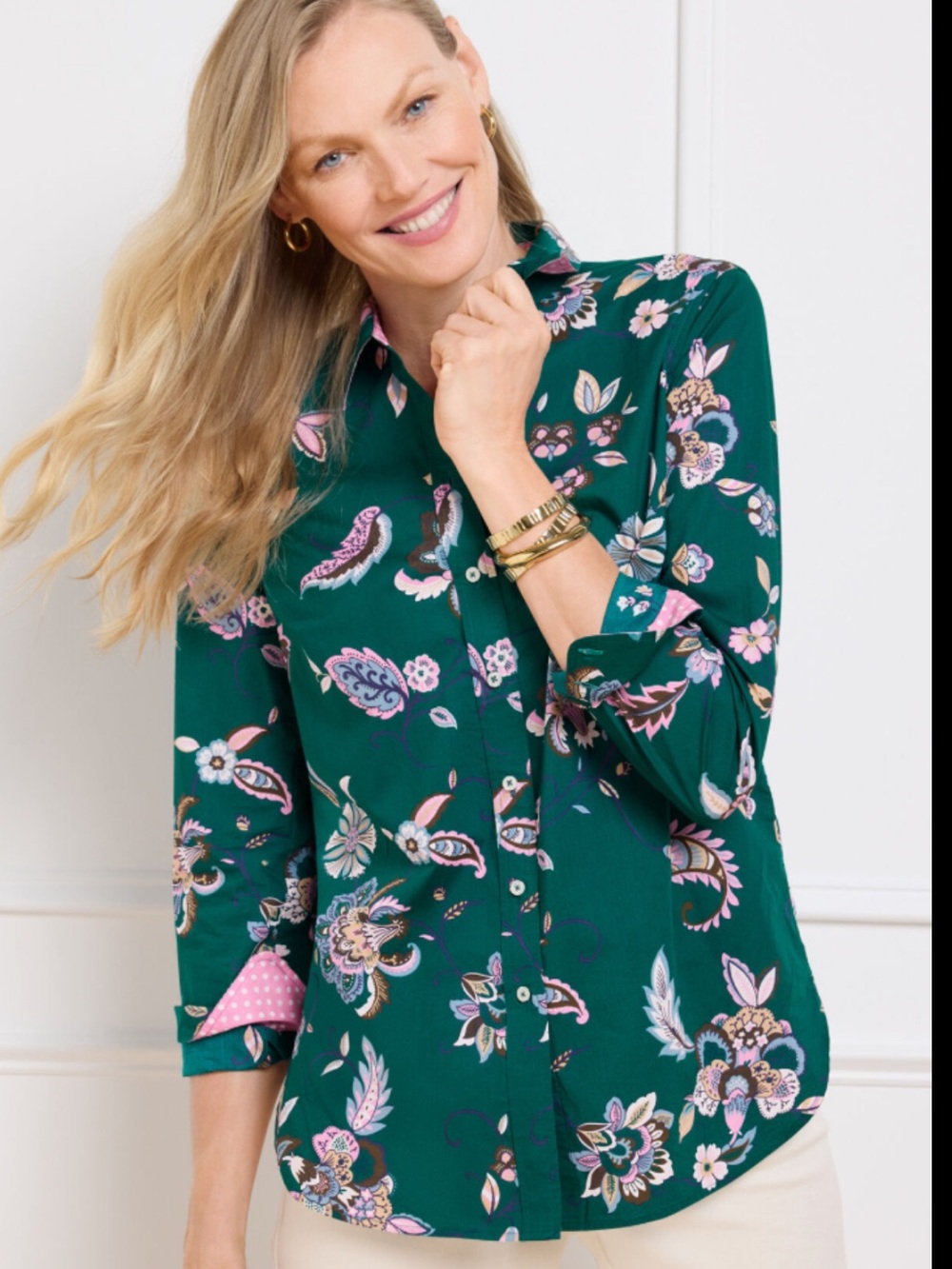 New Talbots Lp Green Jacobean Floral Button-Down Shirt with Pink Accents